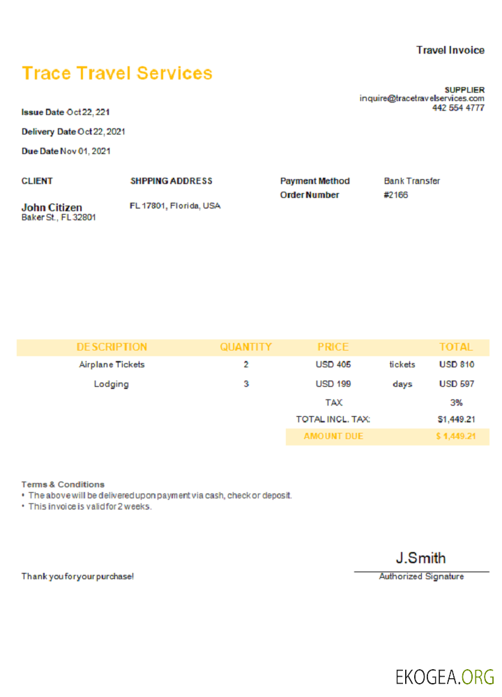 Facture USA Trace Travel Services